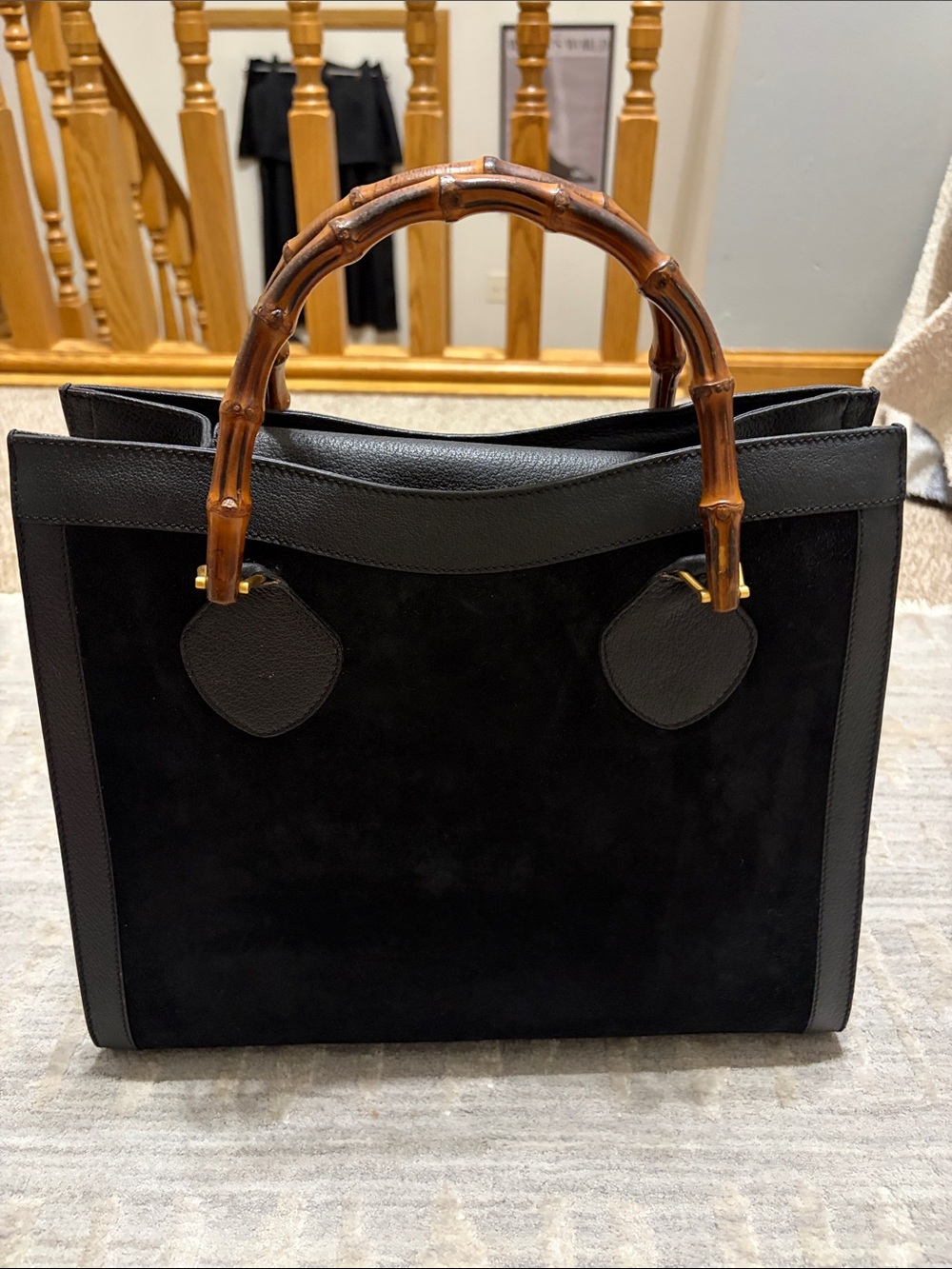 gucci Black Suede Tote with Bamboo Handles - Unbranded